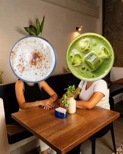 Dos amigas en una mesa, una con café y otra con matcha